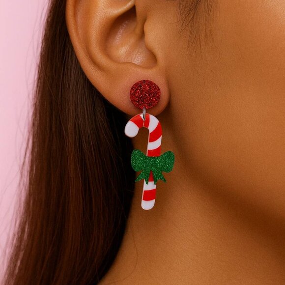 Candy Cane Christmas Earrings β Red Green Glitter Holiday Dangle - Picture 2 of 4